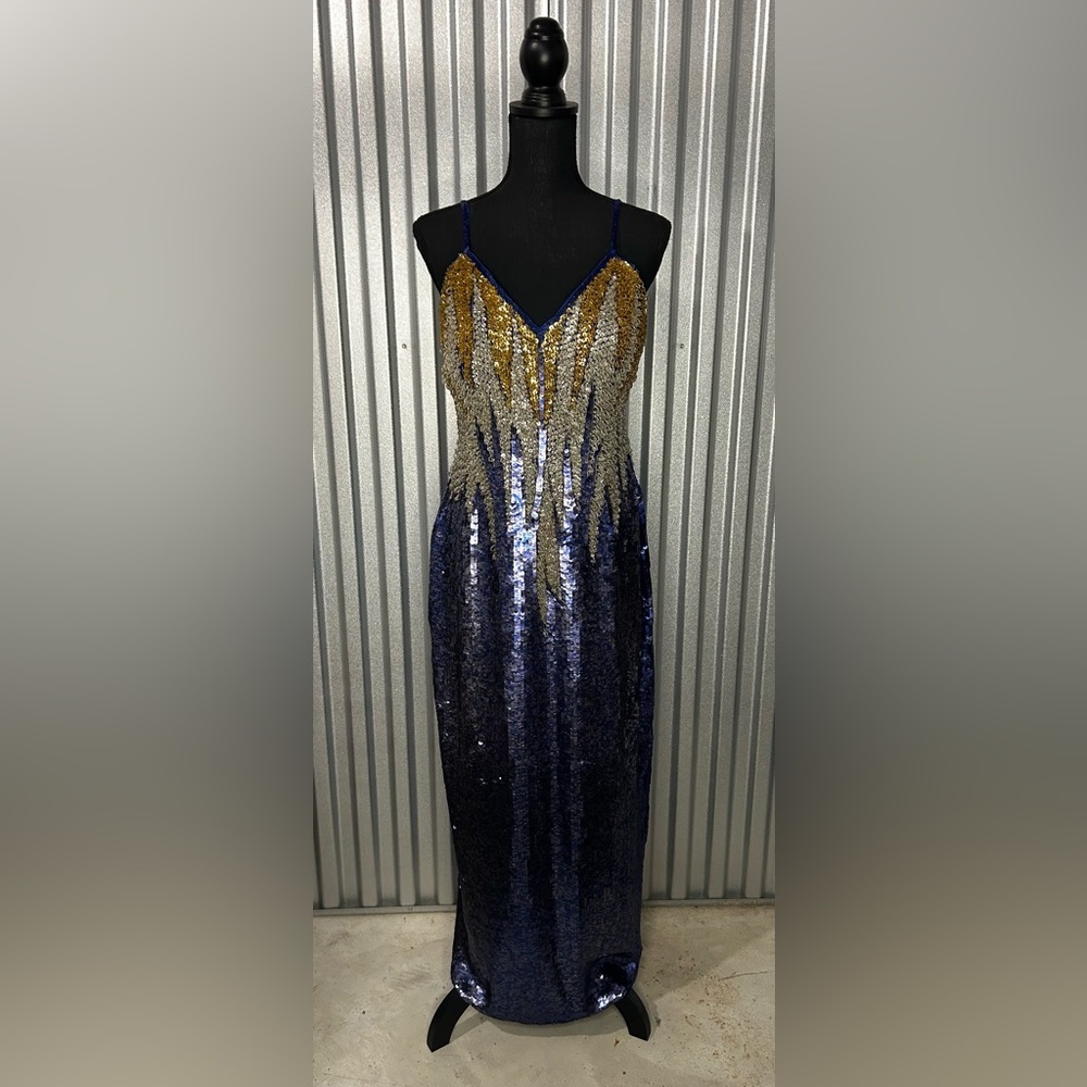 Womens Vintage TAJ Designer Sequin 70s Hand Crafted Blue Gold Strap Dress Medium